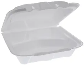 Take-Out Container Hinged Medium (Med) 8.375x8.125x3 In 3 Compartment Foam White Tab -Lock  Vented