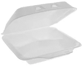 Take-Out Container Hinged With Dome Lid Small (Sm) 7.5x8x2.6 In 3 Compartment Polystyrene Foam White Square