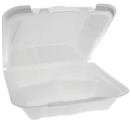 Take-Out Container Hinged Large (Lg) 9x9.1x3.2 In 3 Compartment Foam White Dual -Tab  Vented